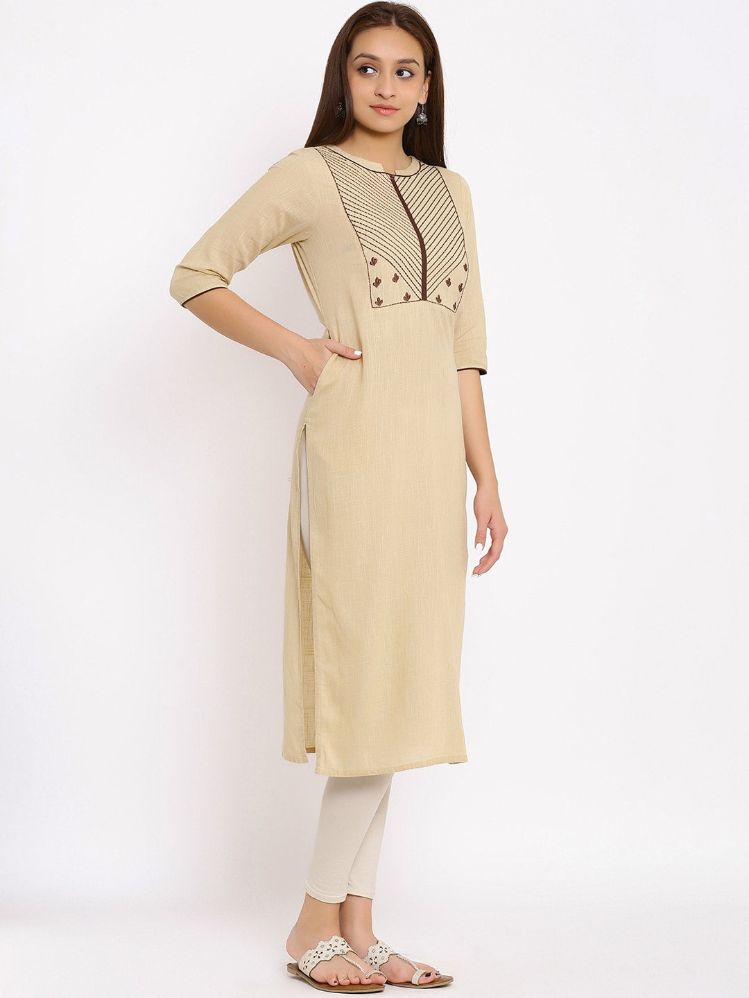 HERE&NOW Beige Geometric Yoke Design Thread Work Kurta - Distacart