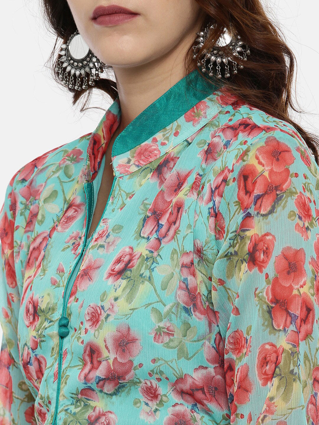 Souchii Women Turquoise Blue & Pink Floral Print Ethnic Maxi Dress - Distacart