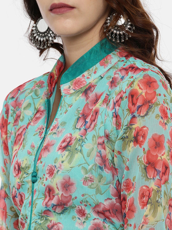 Souchii Turquoise Blue & Pink Floral Print Ethnic Maxi Dress - Distacart