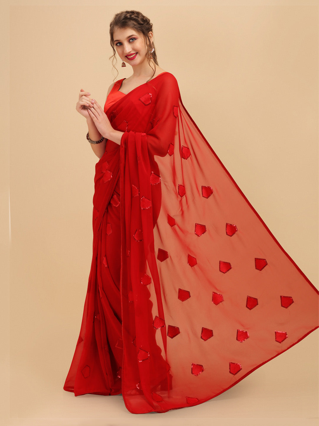 Sangria Red Sequinned Pure Georgette Saree - Distacart