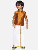 Thumbnail for Sethukrishna Boys Mustard Brown & White Solid Shirt and Veshti Set - Distacart