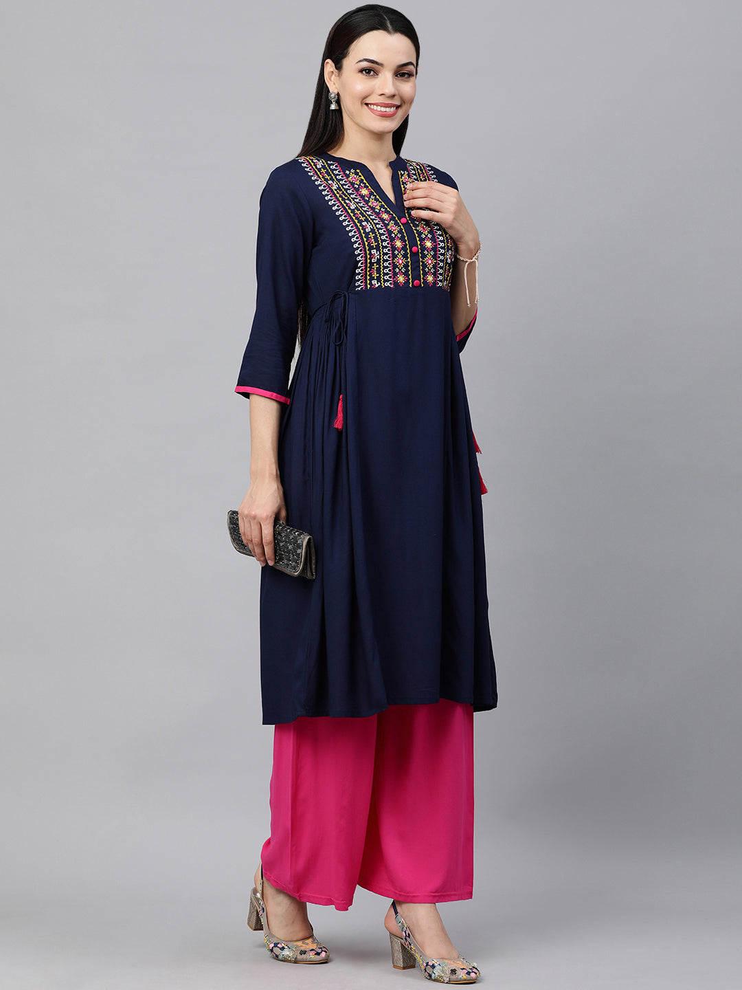 Kalini Women Navy Blue Ethnic Motifs Embroidered Yoke Design Kurta - Distacart