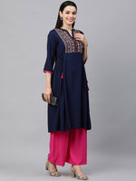Thumbnail for Kalini Women Navy Blue Ethnic Motifs Embroidered Yoke Design Kurta - Distacart