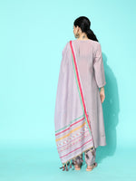 Thumbnail for Sangria Women Lavender Ethnic Motifs Yoke Design Regular Thread Work Kurta with Trousers & With Dupatta - Distacart