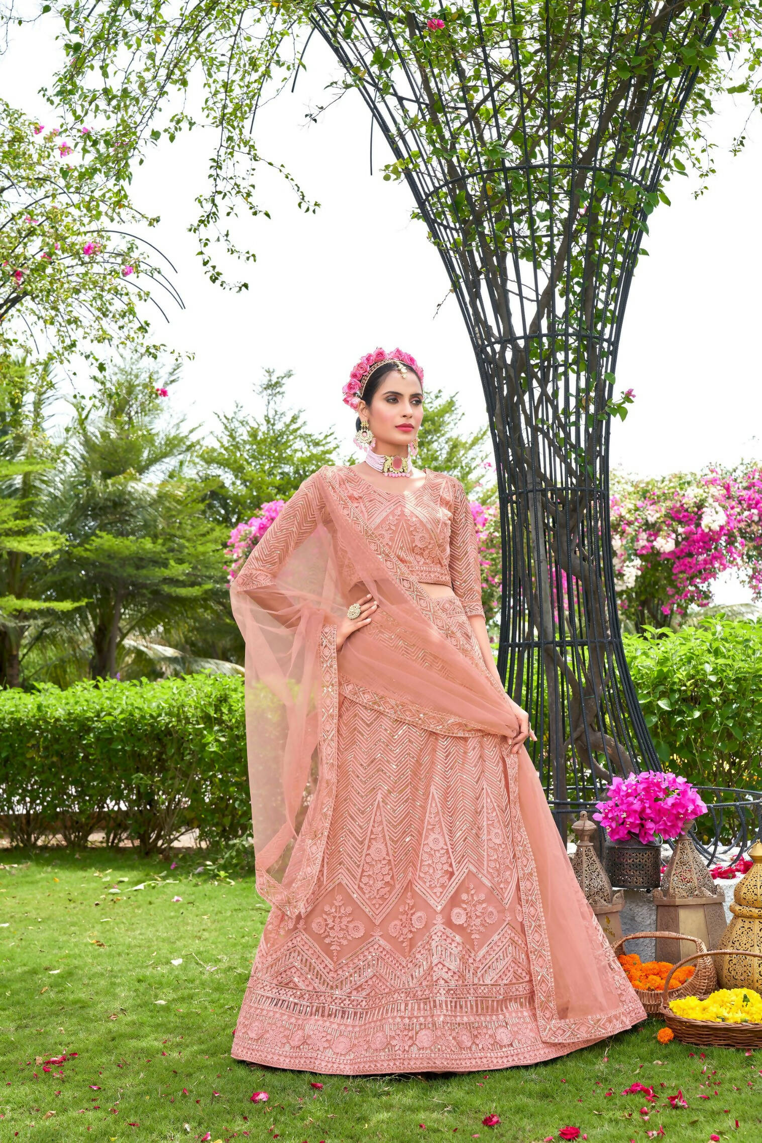 Peach Net Embroidered Semi Stitched Lehenga Choli with Dupatta - Bhagya - Distacart