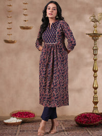 Thumbnail for Anubhutee Floral Printed Mandarin Collar Pure Cotton Anarkali Kurta With Trousers - Distacart