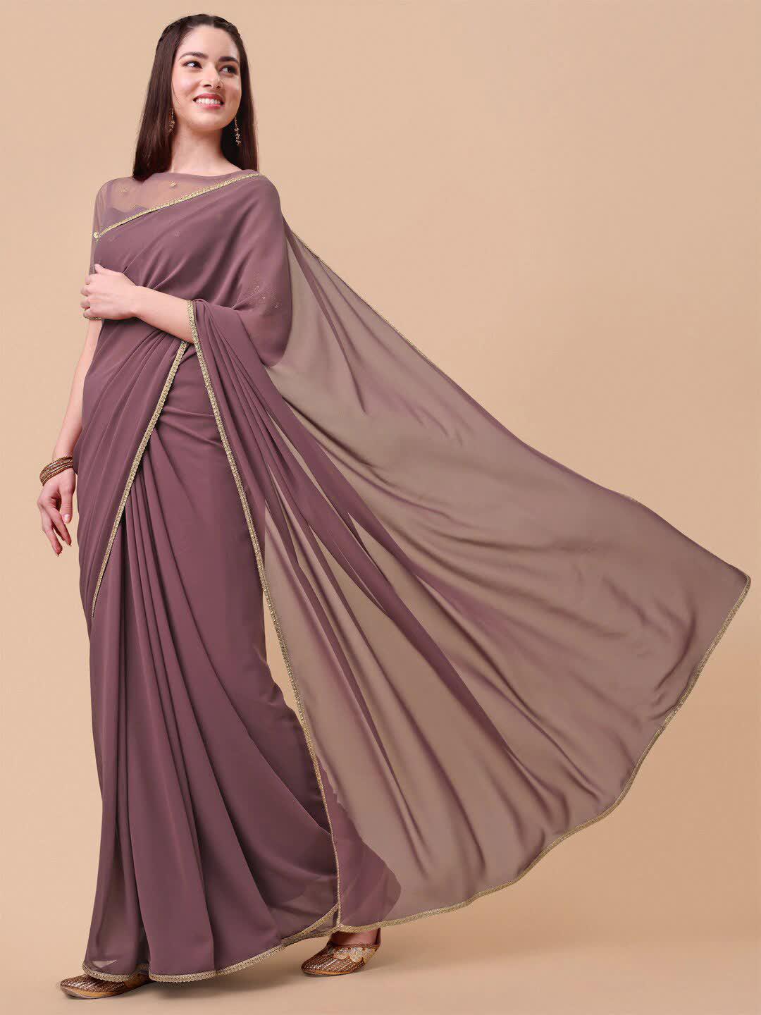 Sangria Mauve Embroidered Poly Georgette Saree - Distacart