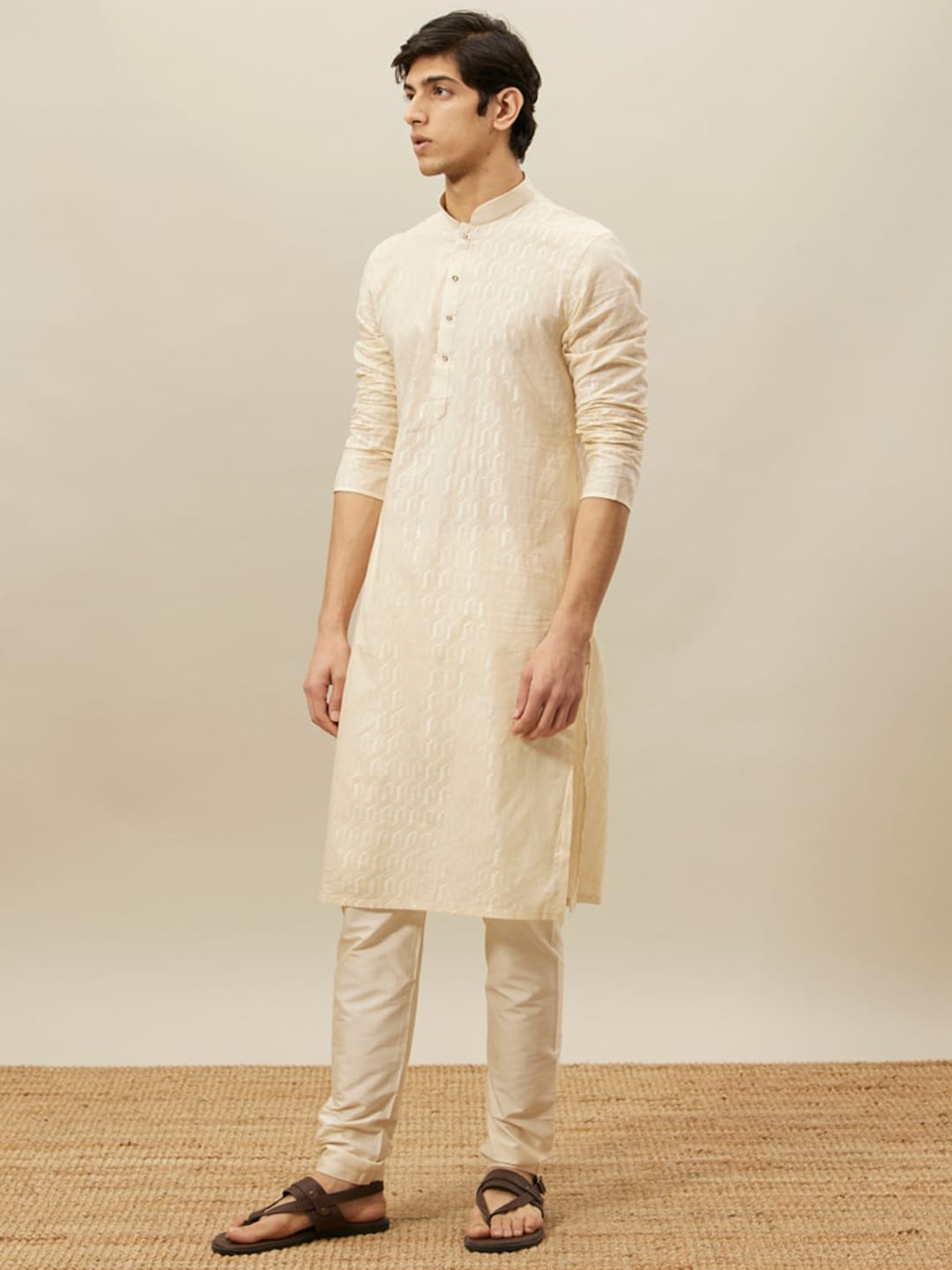 Manyavar Self Design Mandarin Collar Pure Cotton Kurta With Pyjamas - Distacart