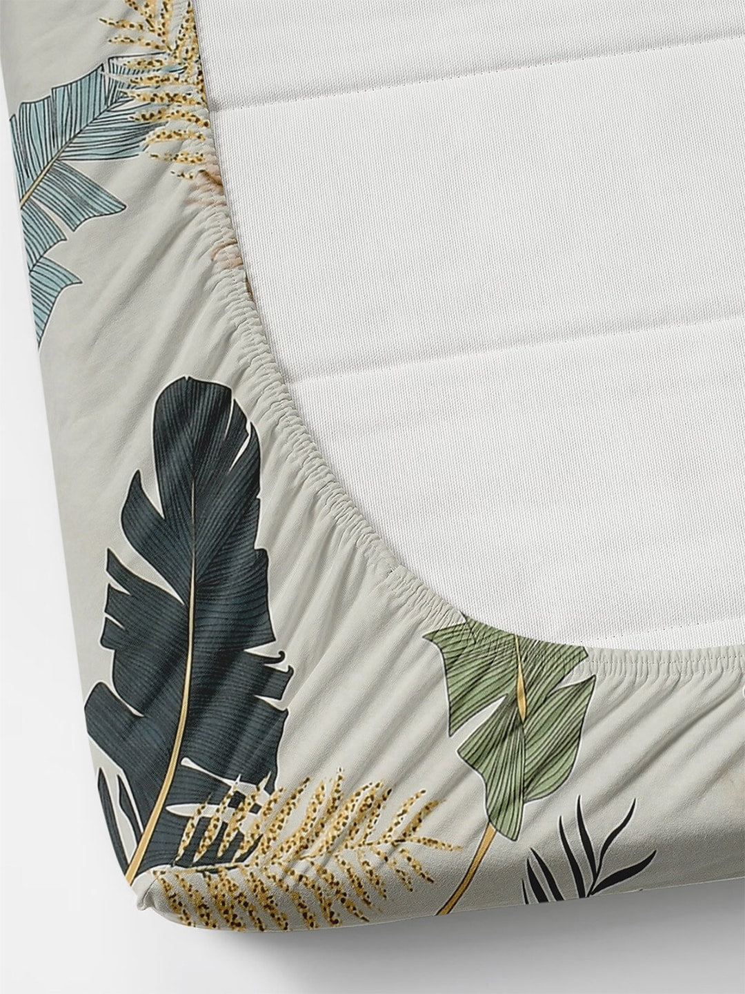 Florida Reeva Off White & Green Floral 180 TC Fitted King Bedsheet With 2 Pillow Covers - Distacart