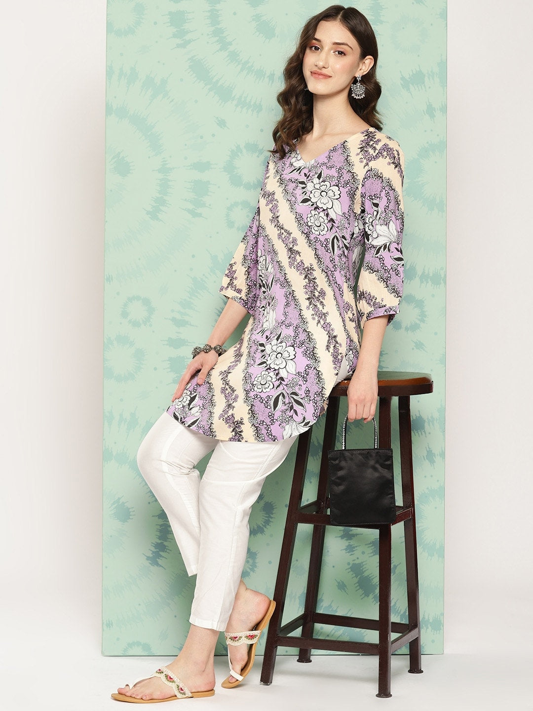 Sangria Floral Printed Curved Hem Kurta - Distacart