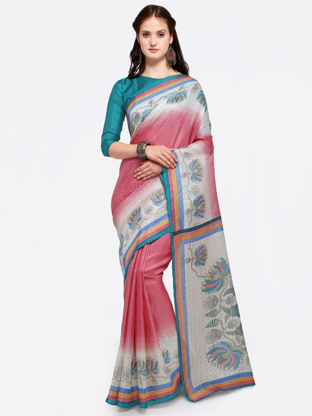 Saree Mall Pink & Grey Art Silk Printed Bhagalpuri Saree - Distacart