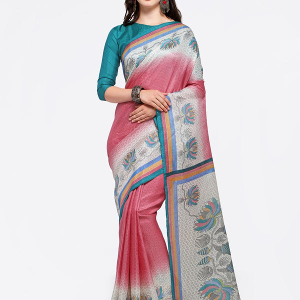 Saree Mall Pink & Grey Art Silk Printed Bhagalpuri Saree - Distacart