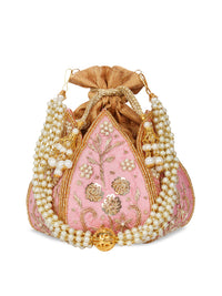 Thumbnail for Anekaant Pink & Gold-Toned Embellished Tasselled Clutch - Distacart