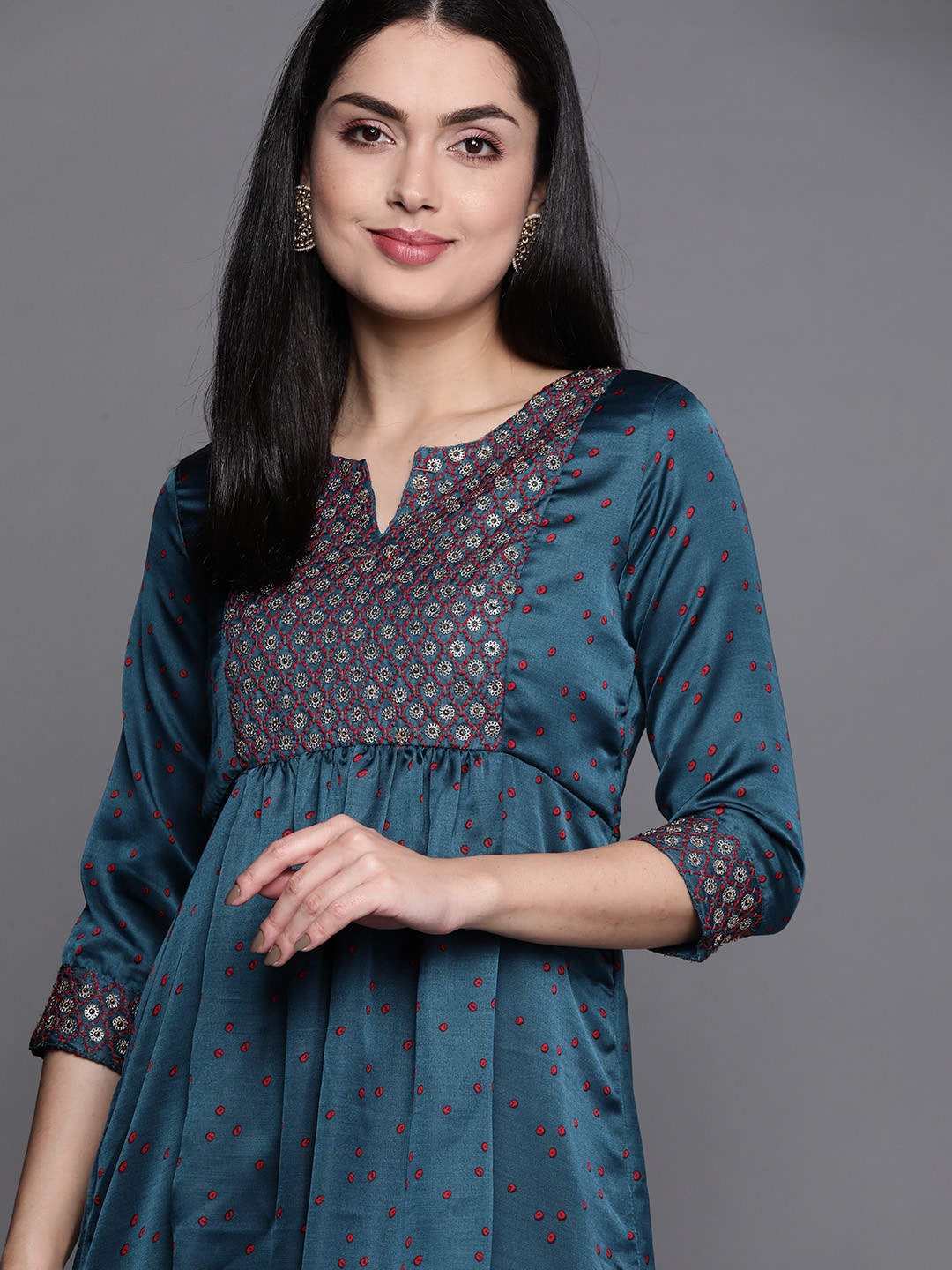 Biba Women Teal Geometric Embellished Kurta - Distacart