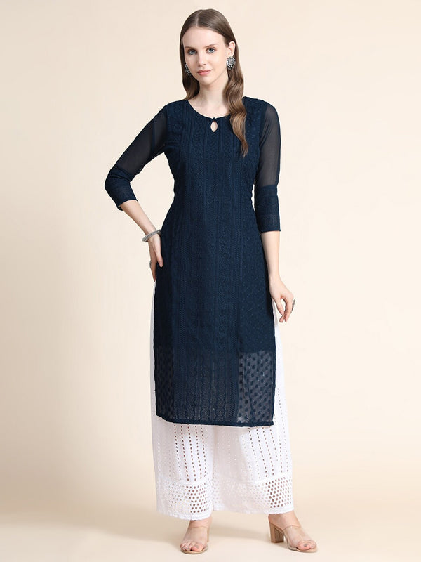 Kalini Women Blue Embroidered Thread Work Floral Georgette Kurta - Distacart