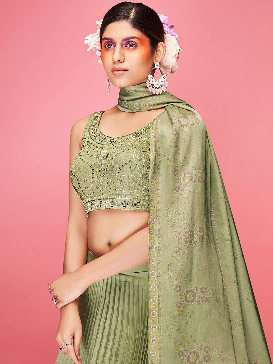 Myra Olive Art Silk Embroidered Designer - Distacart