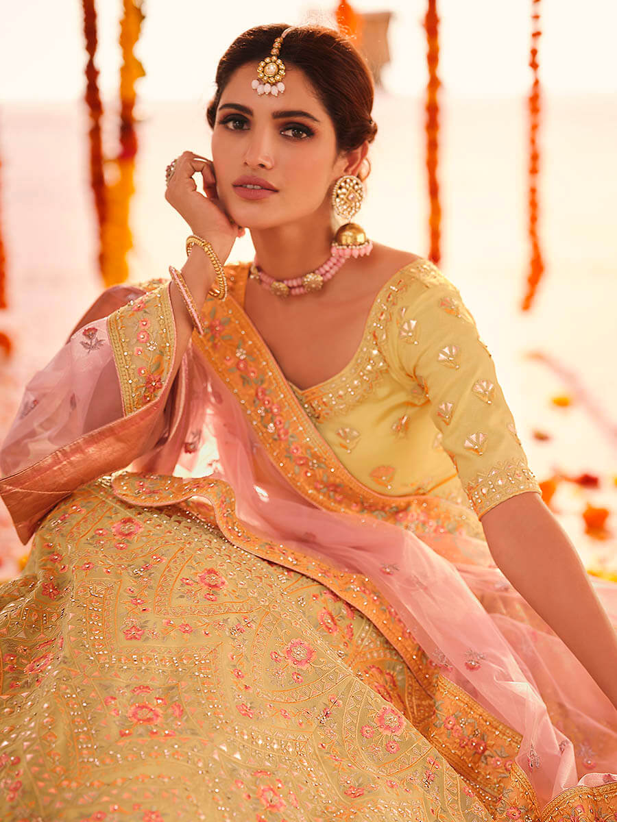 Myra Yellow Organza Embroidered Designer Lehenga - Distacart