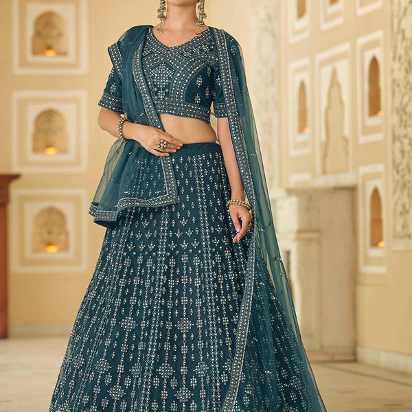Myra Rama Blue Soft Net Embroidered Lehenga - Distacart
