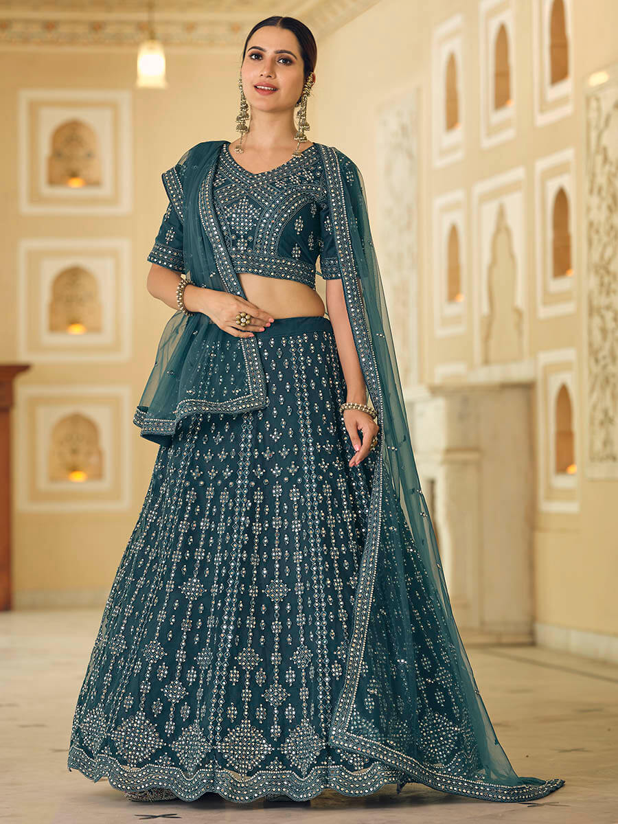 Myra Rama Blue Soft Net Embroidered Lehenga - Distacart