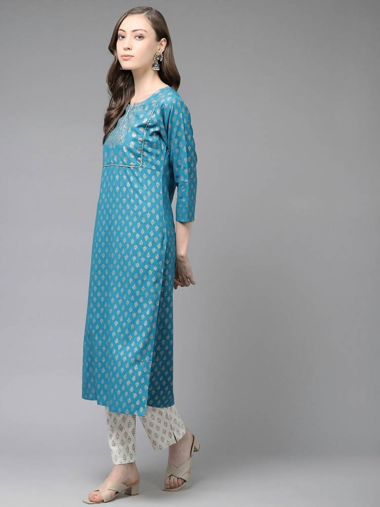 Yufta Women Teal Blue & Off-White Printed Kurta with Trouser & Dupatta