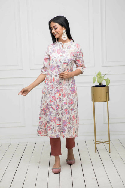 Myshka Women Cotton A-Line Round Neck Multi Floral Kurtas - Distacart