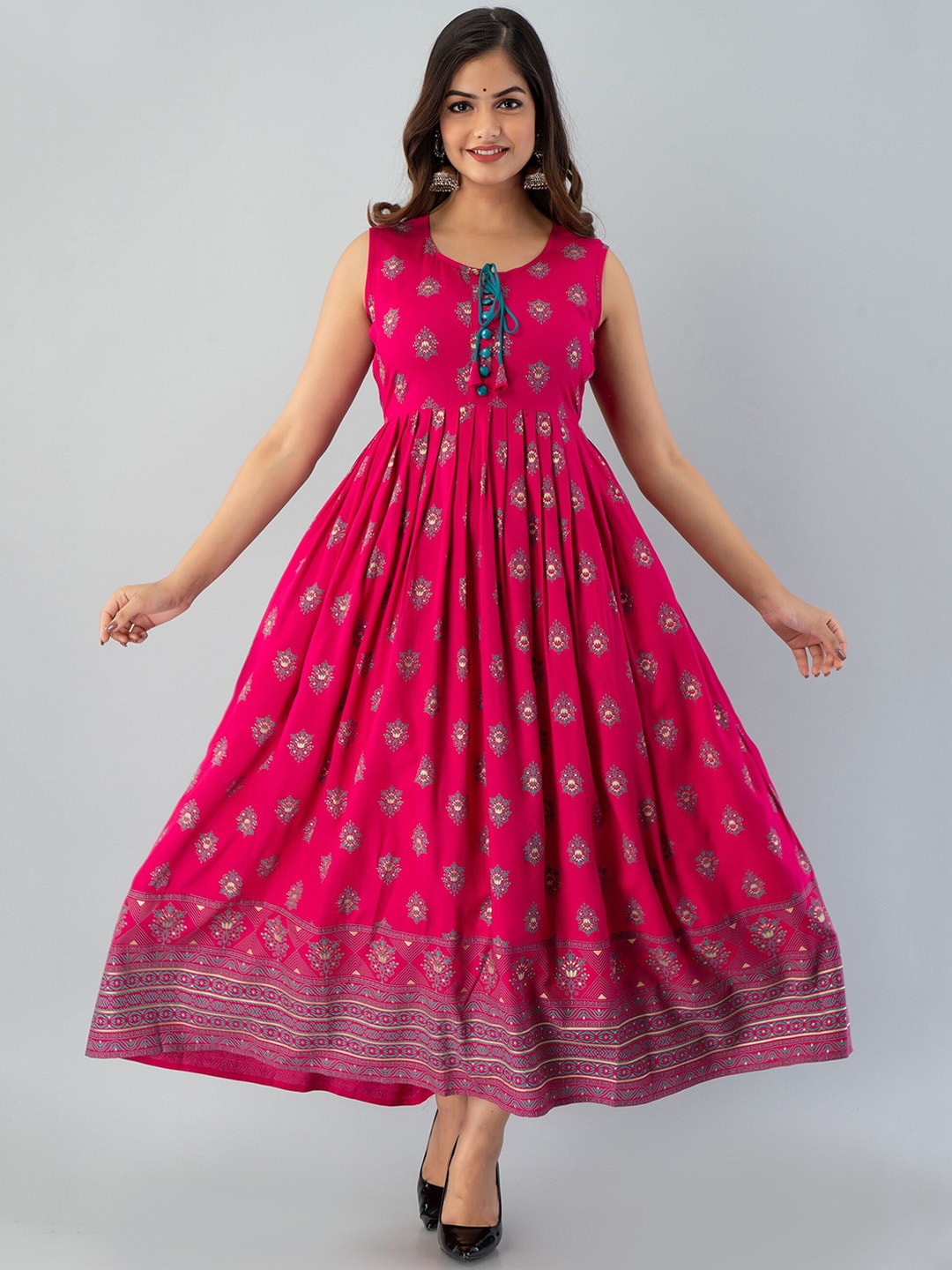 Kalini Women Pink & Blue Ethnic Motifs Printed Anarkali Kurta - Distacart