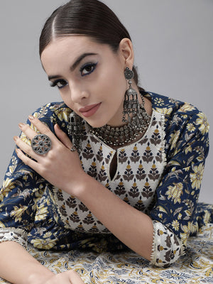 Libas Navy Blue Pure Cotton Floral Print Kurta with Palazzos & Dupatta - Distacart