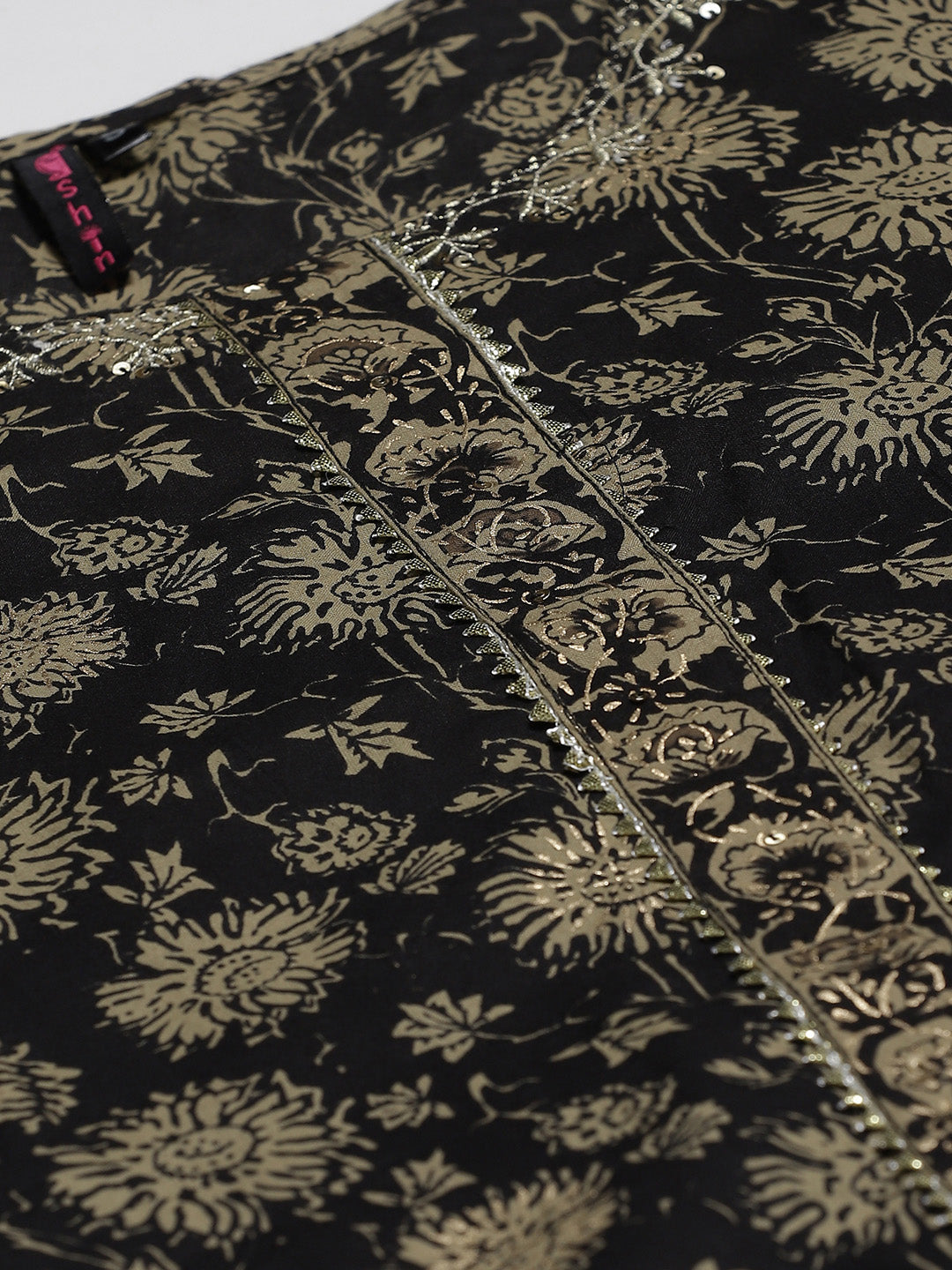 Ishin Women Black & Beige Gotta Patti Floral Foil Printed High Slit Kurta Set - Distacart