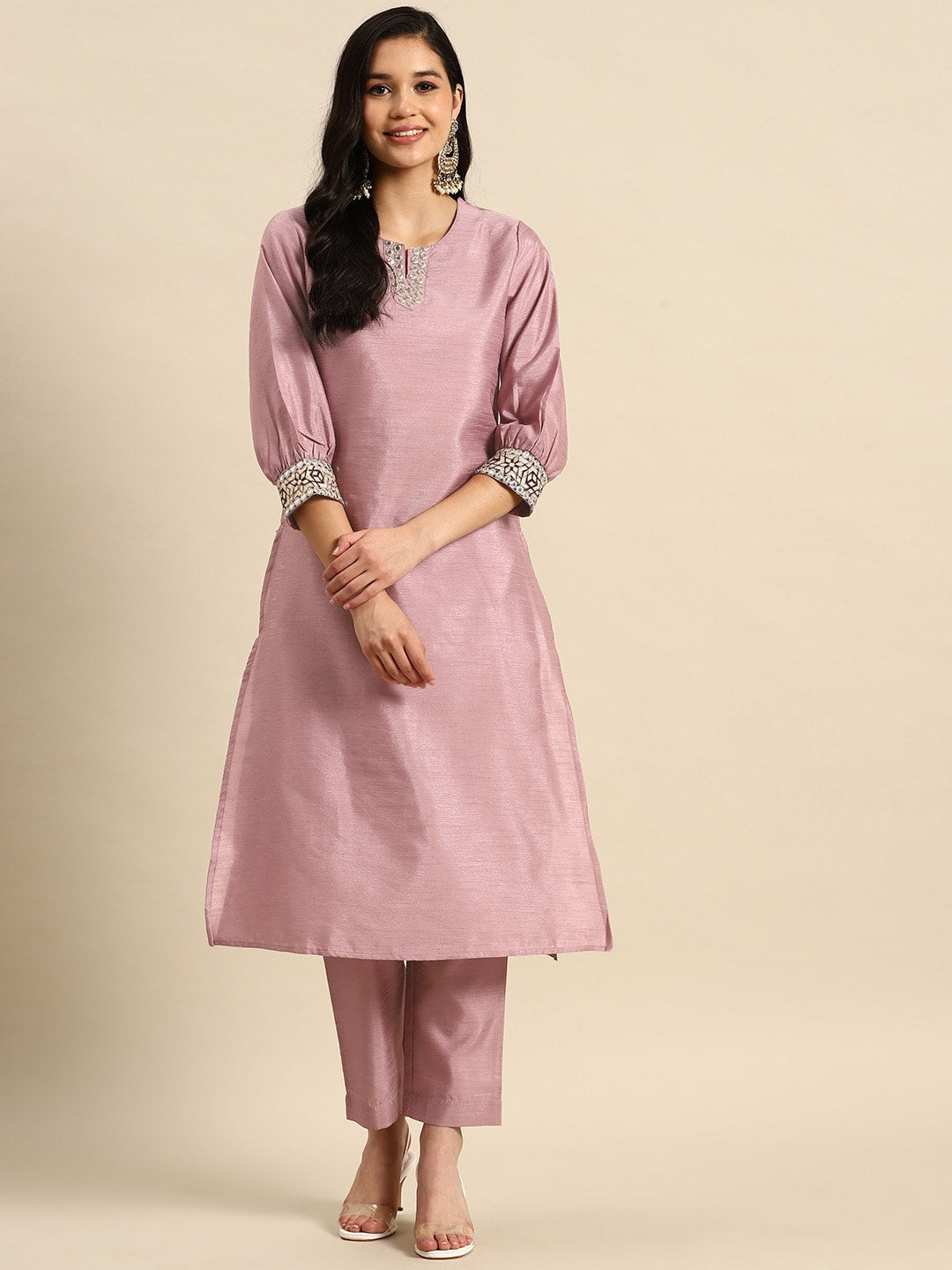 Sangria Embroidered Regular Mirror Work Kurta with Trousers - Distacart