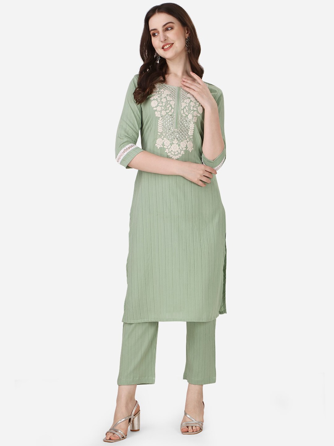 HERE&NOW Ethnic Motifs Yoke Design Kurta with Trousers - Distacart