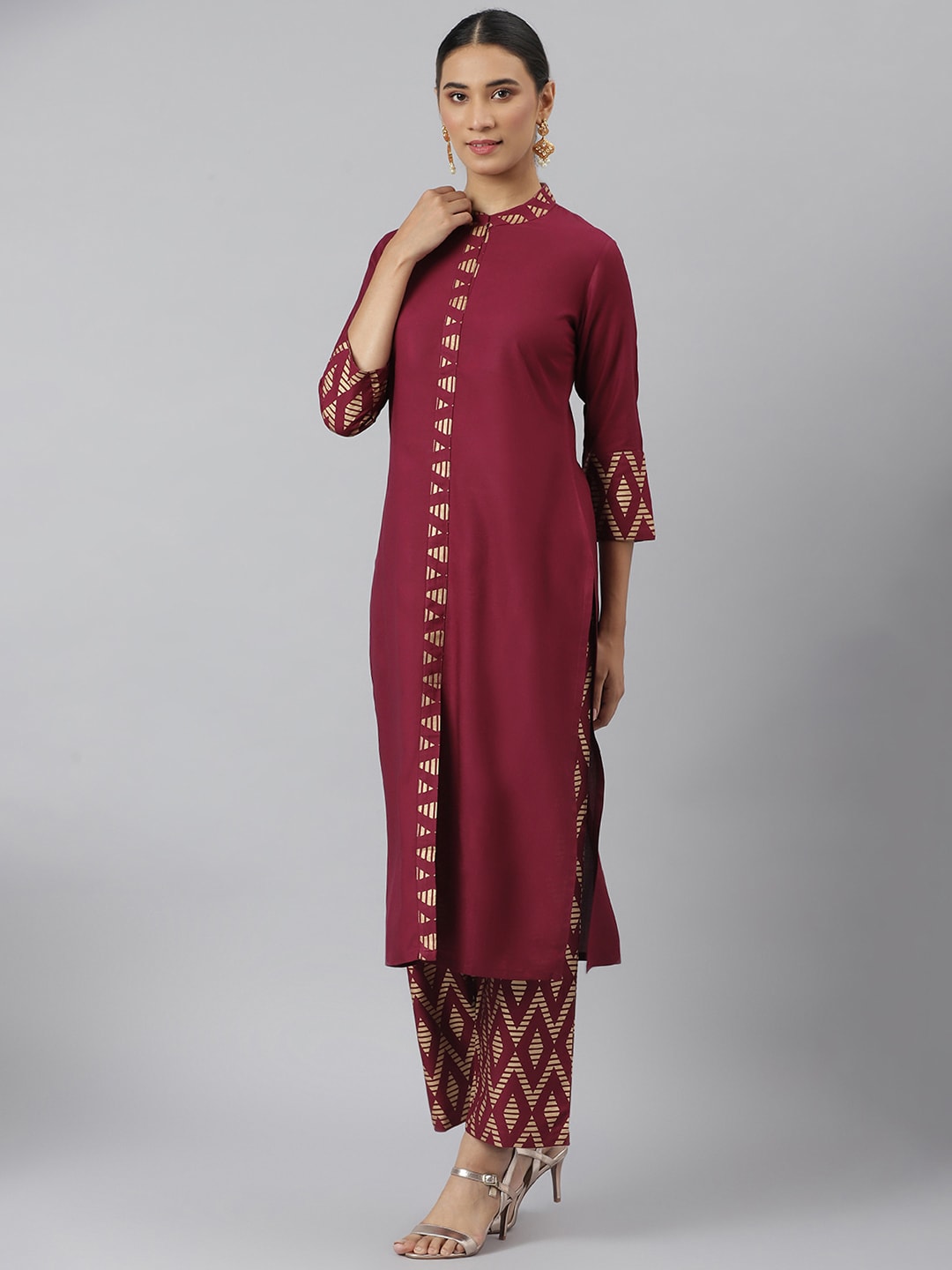 Khushal K Women Maroon Solid Kurta with Trousers & Dupatta - Distacart