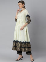 Thumbnail for Khushal K Women Cream-Coloured & Black Printed Kurta with Palazzos & Dupatta - Distacart