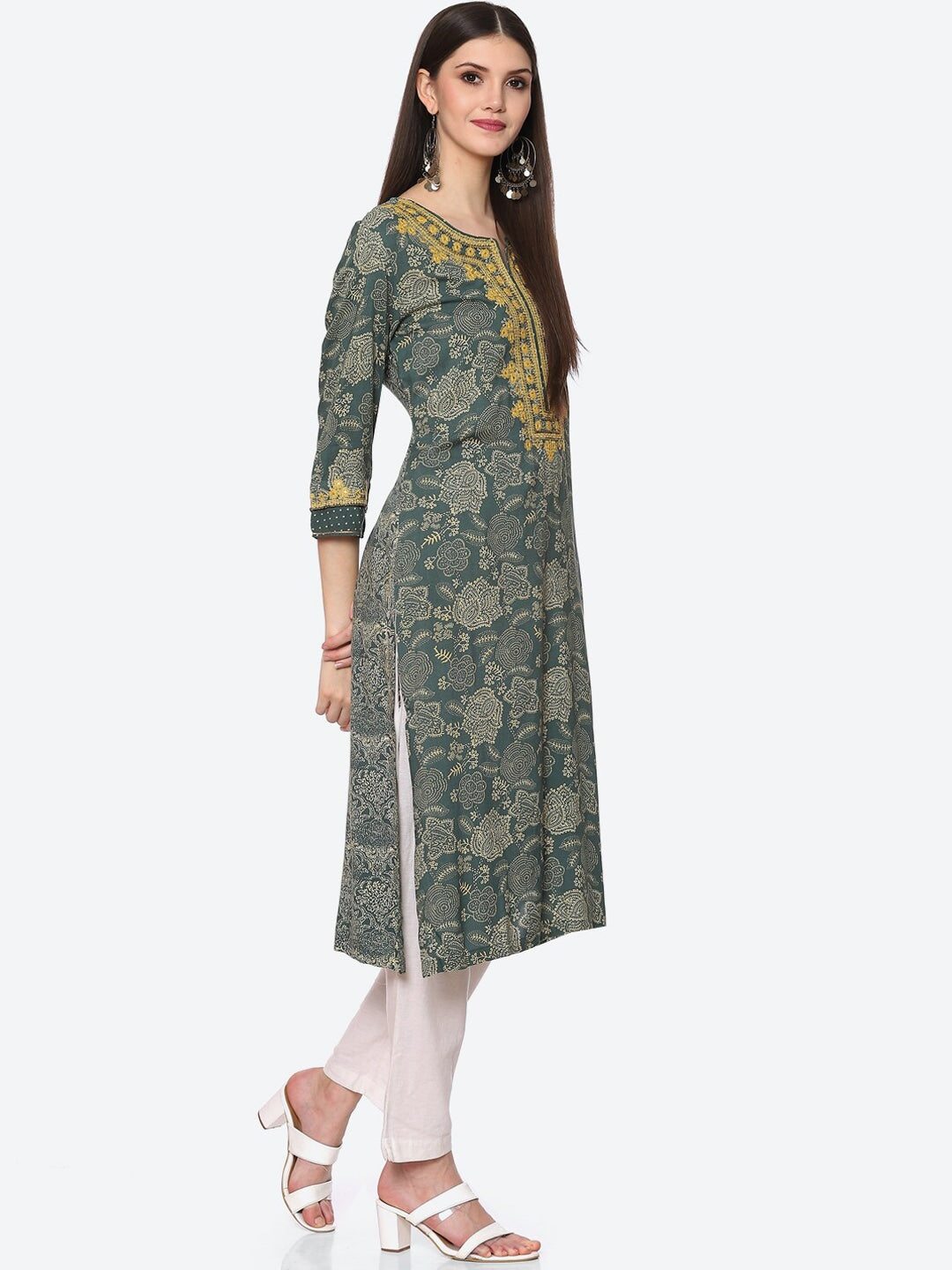 Biba Women Green Floral Embroidered Kurta - Distacart