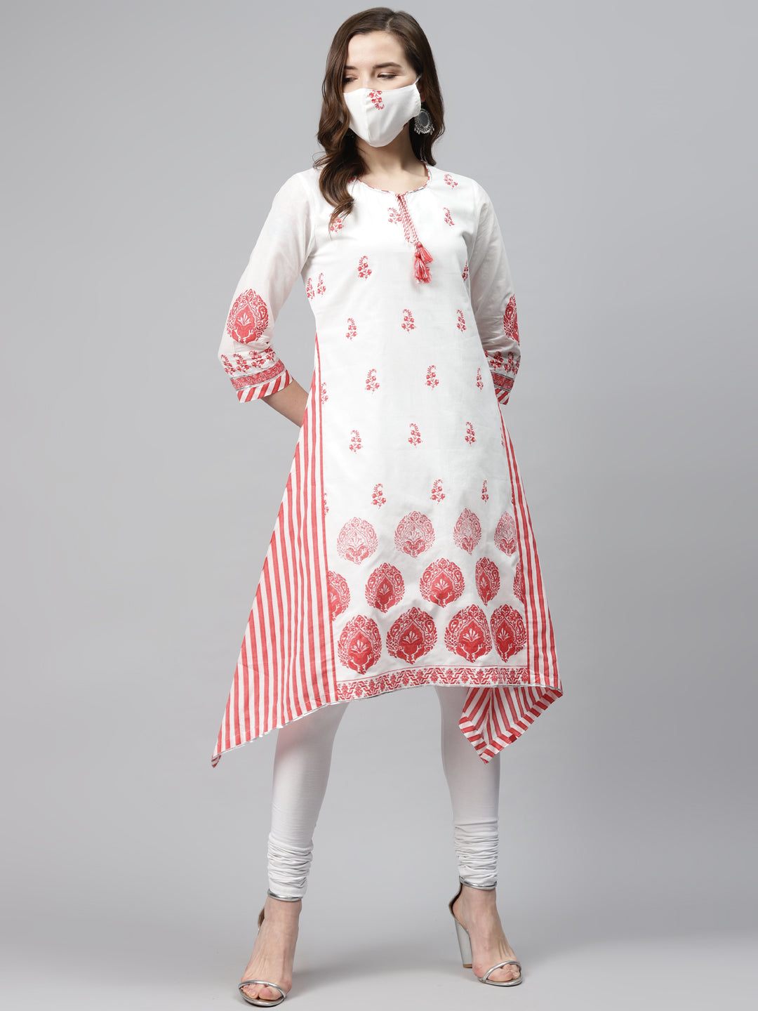Biba Women White Pink Printed Pure Cotton A-Line Asymmetric Kurta - Distacart