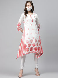 Thumbnail for Biba Women White Pink Printed Pure Cotton A-Line Asymmetric Kurta - Distacart