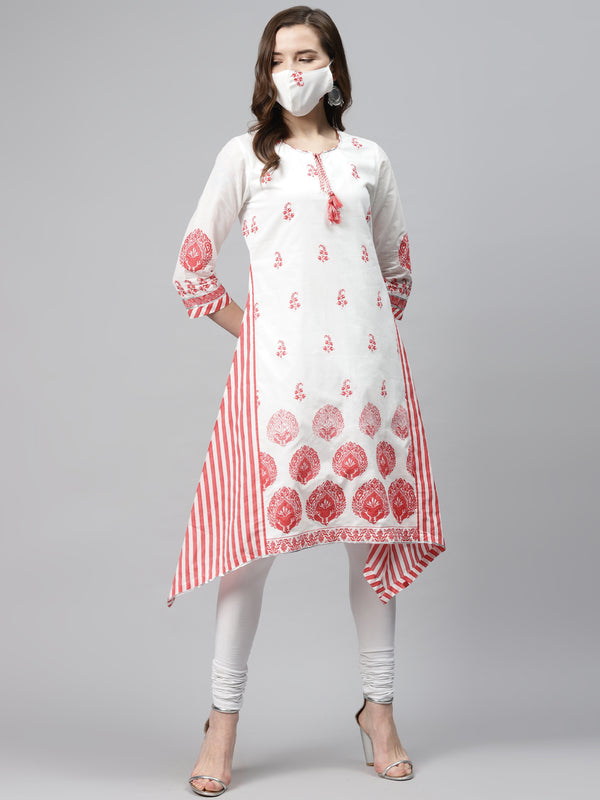 Buy Biba Women White Pink Printed Pure Cotton A-Line Asymmetric