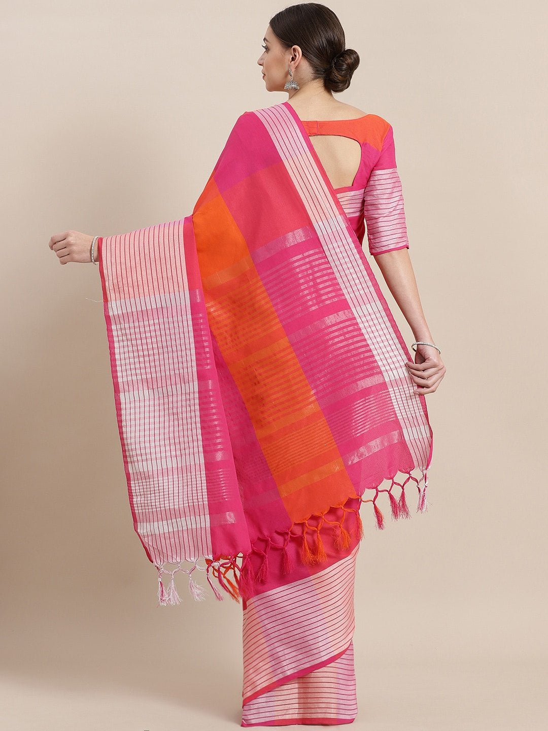Saree Mall Pink & Orange Checked Saree - Distacart