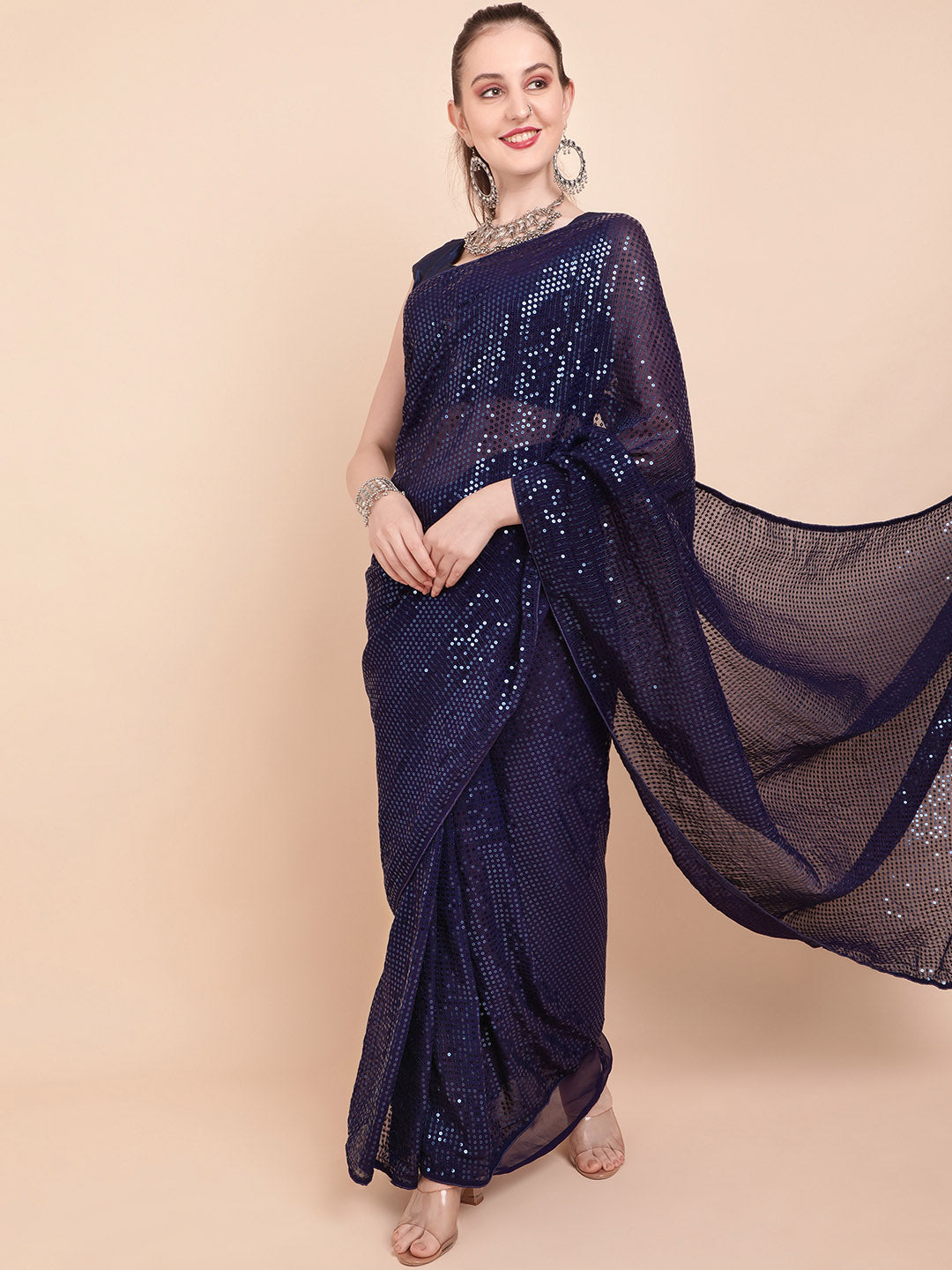 Sangria Navy Blue & Silver-Toned Sequin Embellished Pure Georgette Saree - Distacart