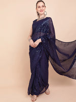 Thumbnail for Sangria Navy Blue & Silver-Toned Sequin Embellished Pure Georgette Saree - Distacart