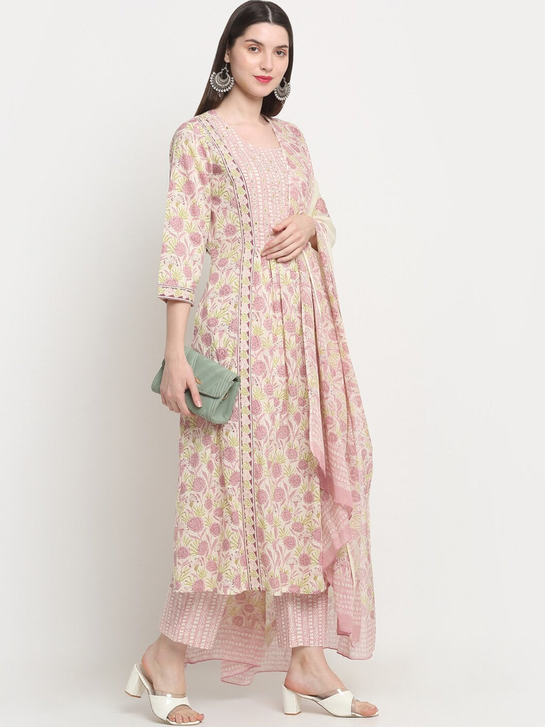 Kalini Floral Printed Sequined A-Line Pure Cotton Kurta with Trousers & Dupatta - Distacart