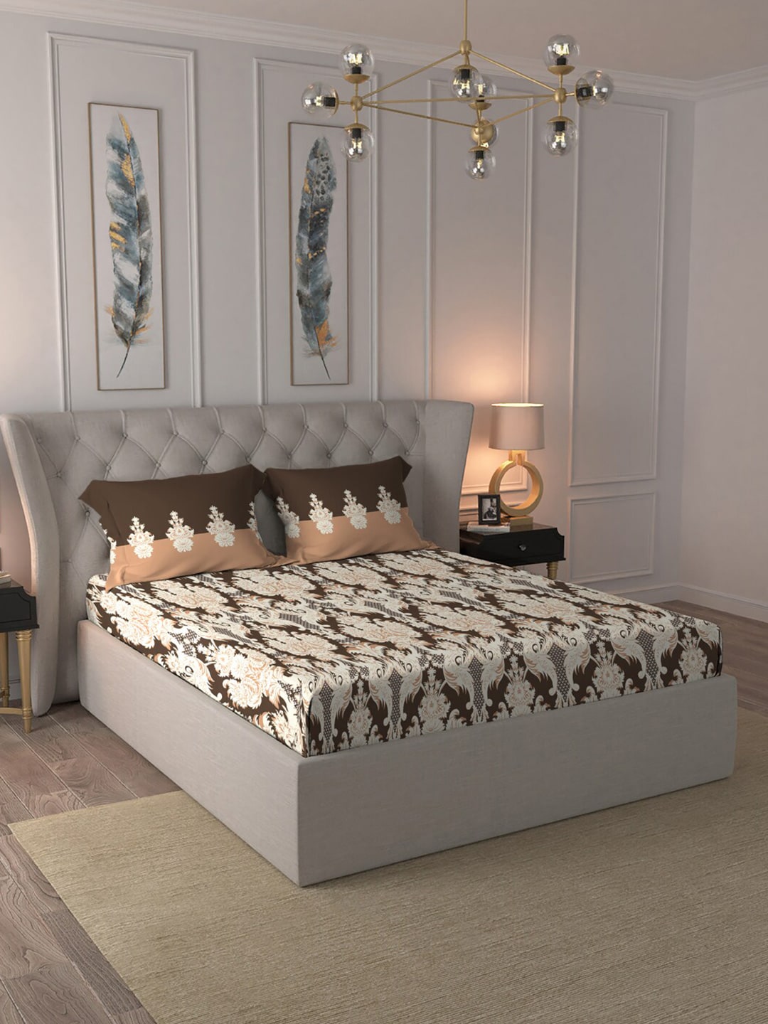 MYTRIDENT Brown White Ethnic Motifs Cotton 144 TC Queen Bedsheet With 2 Pillow Covers - Distacart