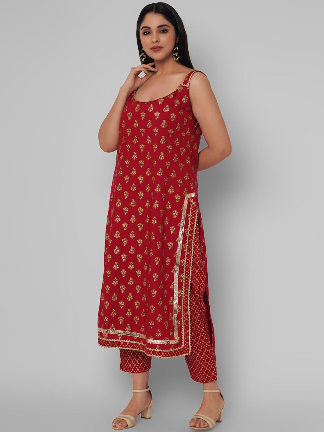 Kalini Women Red Ethnic Motifs Embroidered Gotta Patti Kurti with Trousers & With Dupatta - Distacart