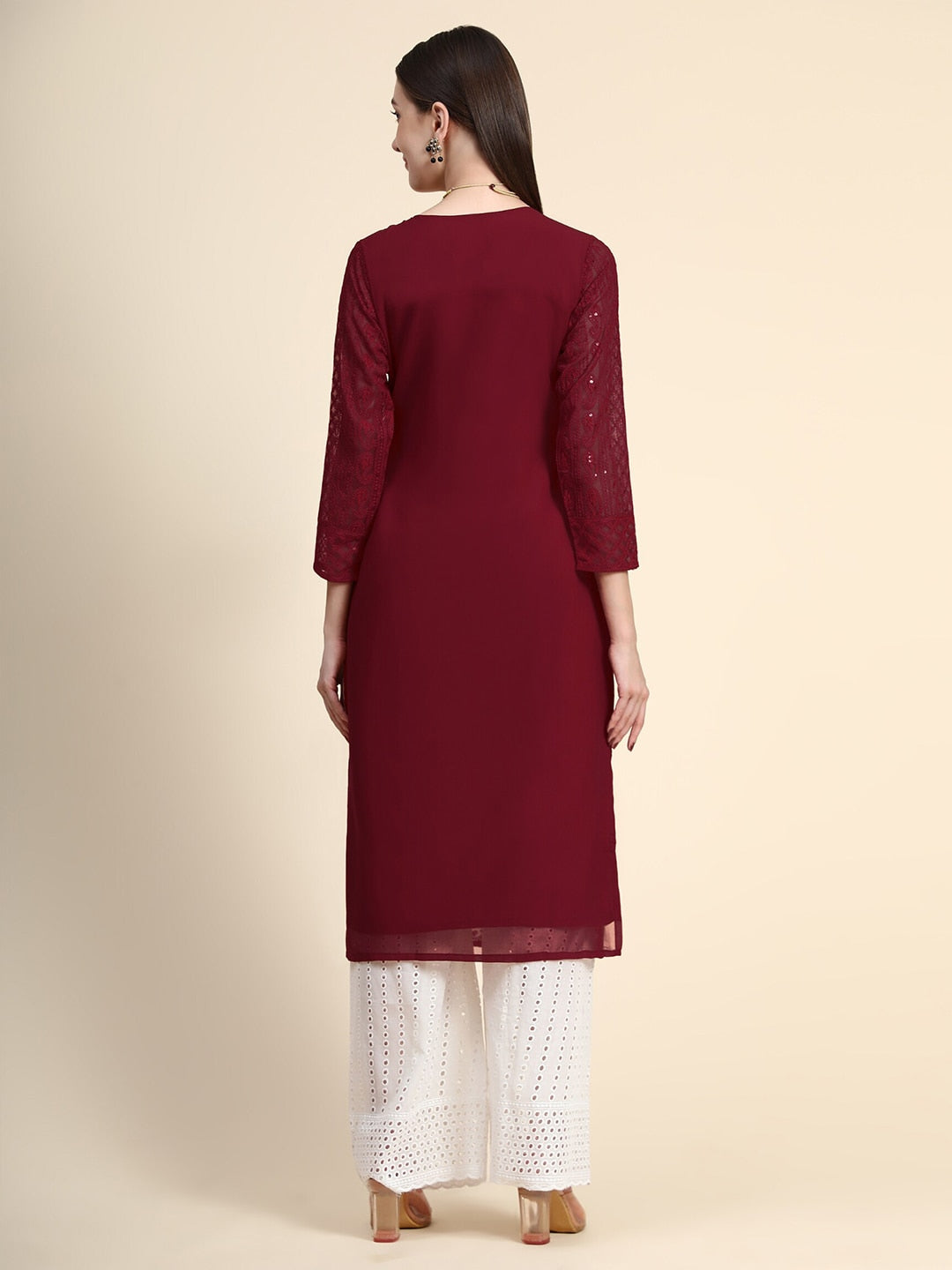 Kalini Paisley Embroidered Chikankari Georgette Straight Regular Kurta - Distacart