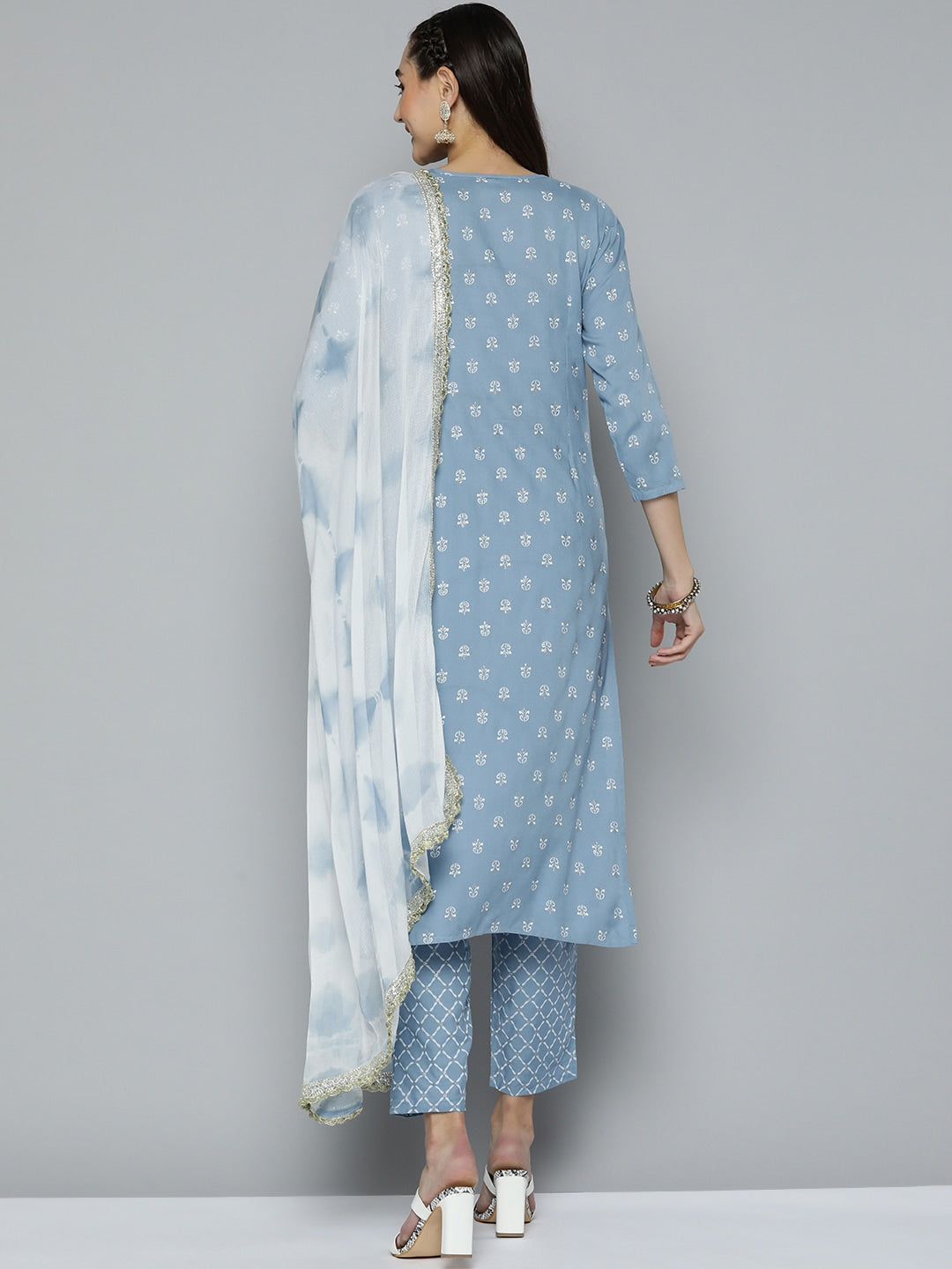 HERE&NOW Women Blue & White Ethnic Embroidered Kurta with Trousers & With Dupatta - Distacart