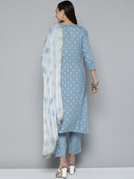 Thumbnail for HERE&NOW Women Blue & White Ethnic Embroidered Kurta with Trousers & With Dupatta - Distacart