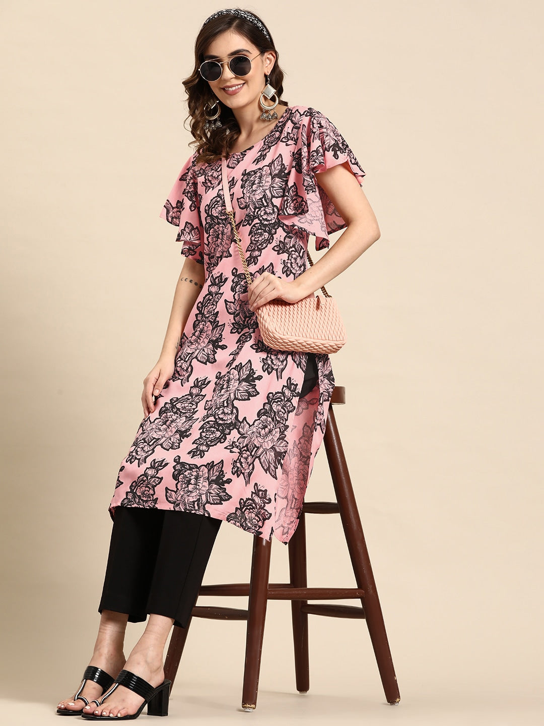 Sangria Floral Print Flutter Sleeves Kurta - Distacart