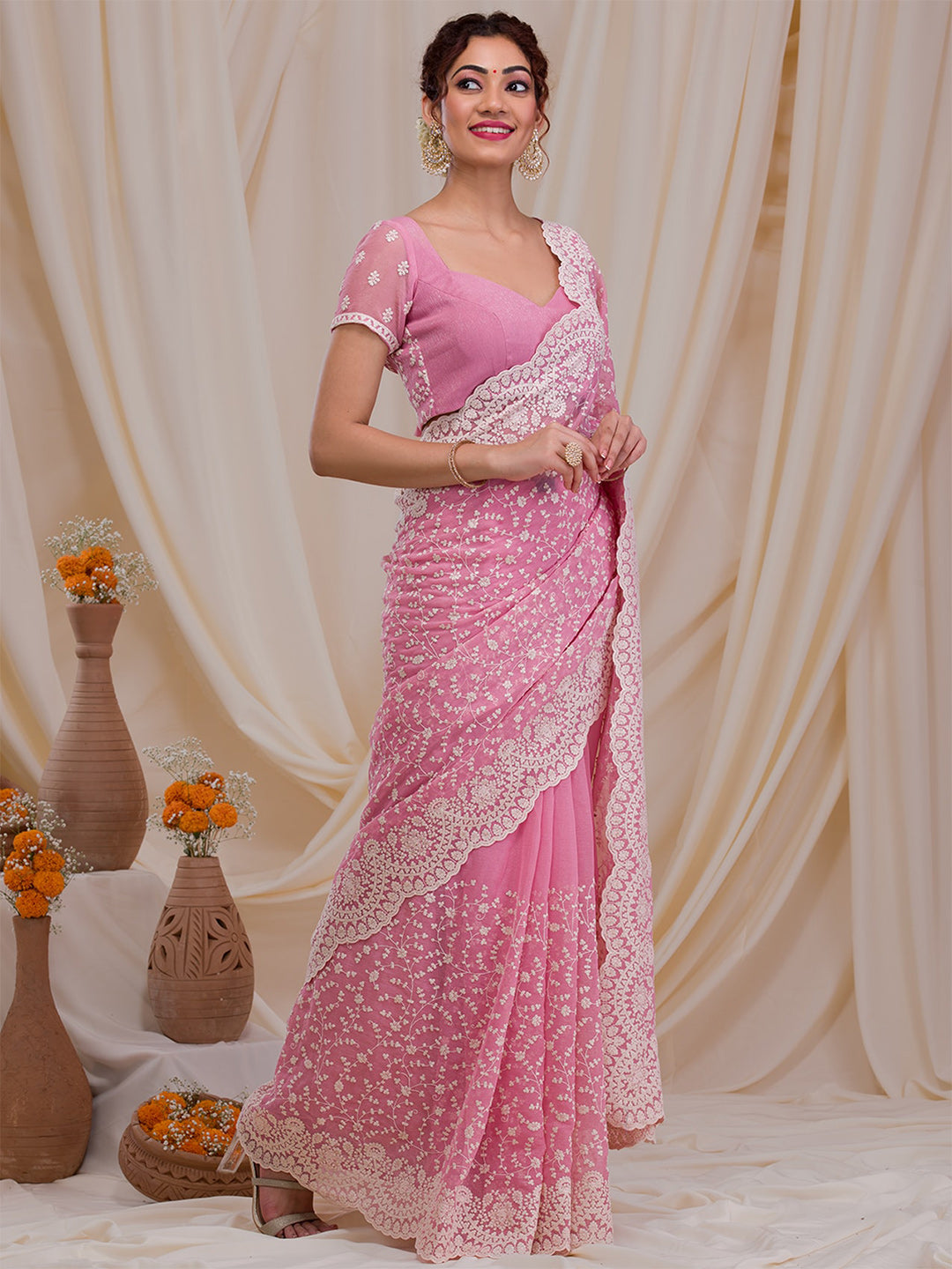 Koskii Floral Embroidered Chiffon Saree - Distacart