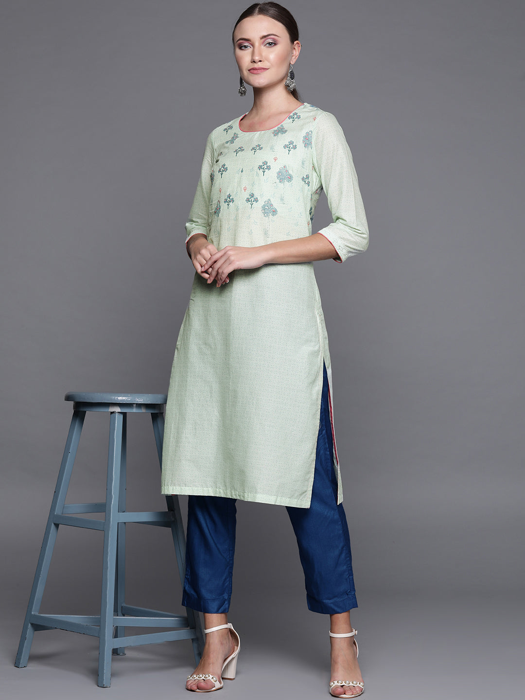 Biba Women Green & Blue Printed Straight Kurta - Distacart