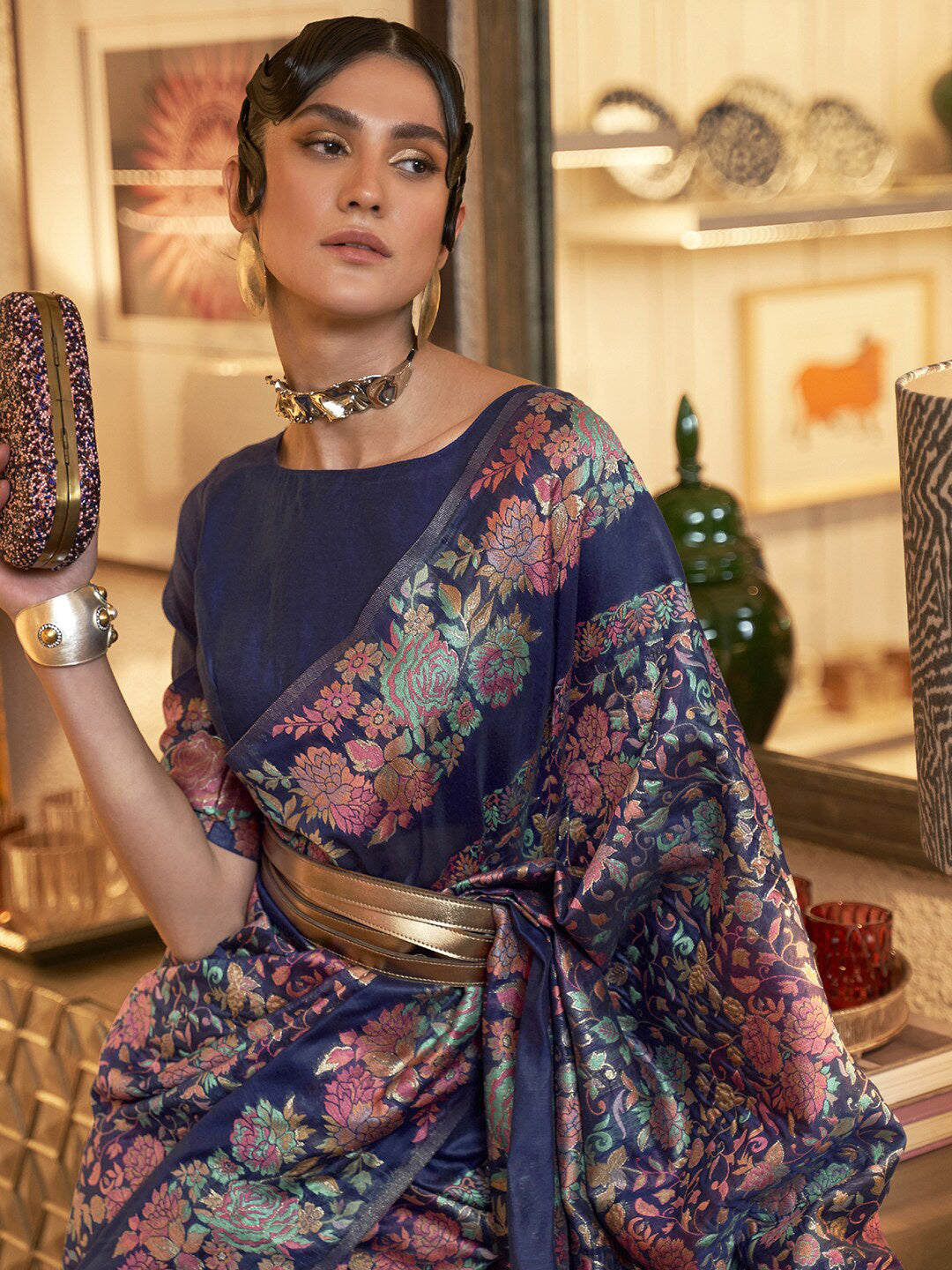 Mitera Navy Blue & Pink Floral Zari Silk Blend Banarasi Saree - Distacart