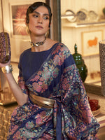 Thumbnail for Mitera Navy Blue & Pink Floral Zari Silk Blend Banarasi Saree - Distacart